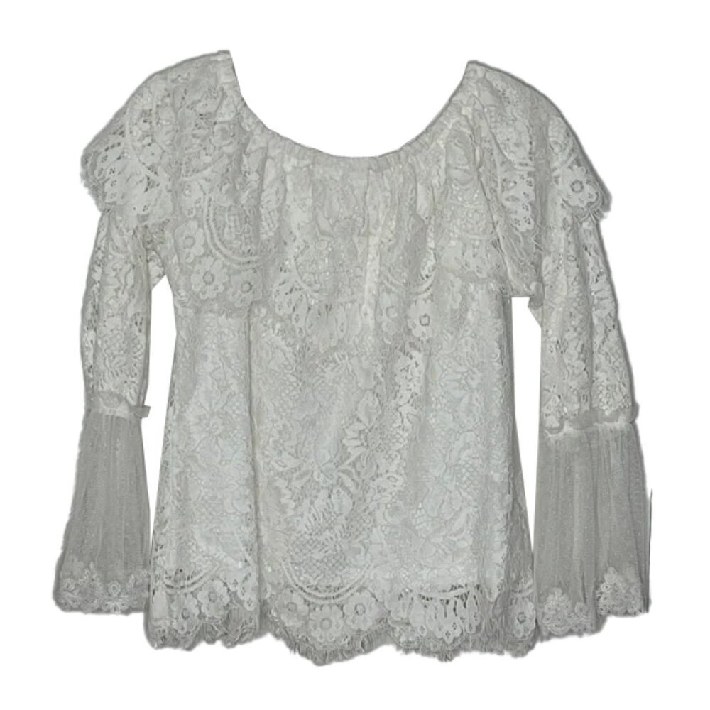❤️ 🆕 WHY DRESS Elegant off shoulder White Lace Women's Top With Bell Sleeves M